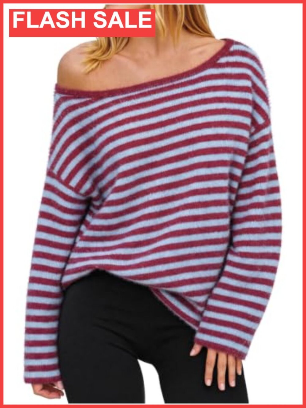 Womens Off the Shoulder Striped Knit Pullover Sweater Casual Loose Fit